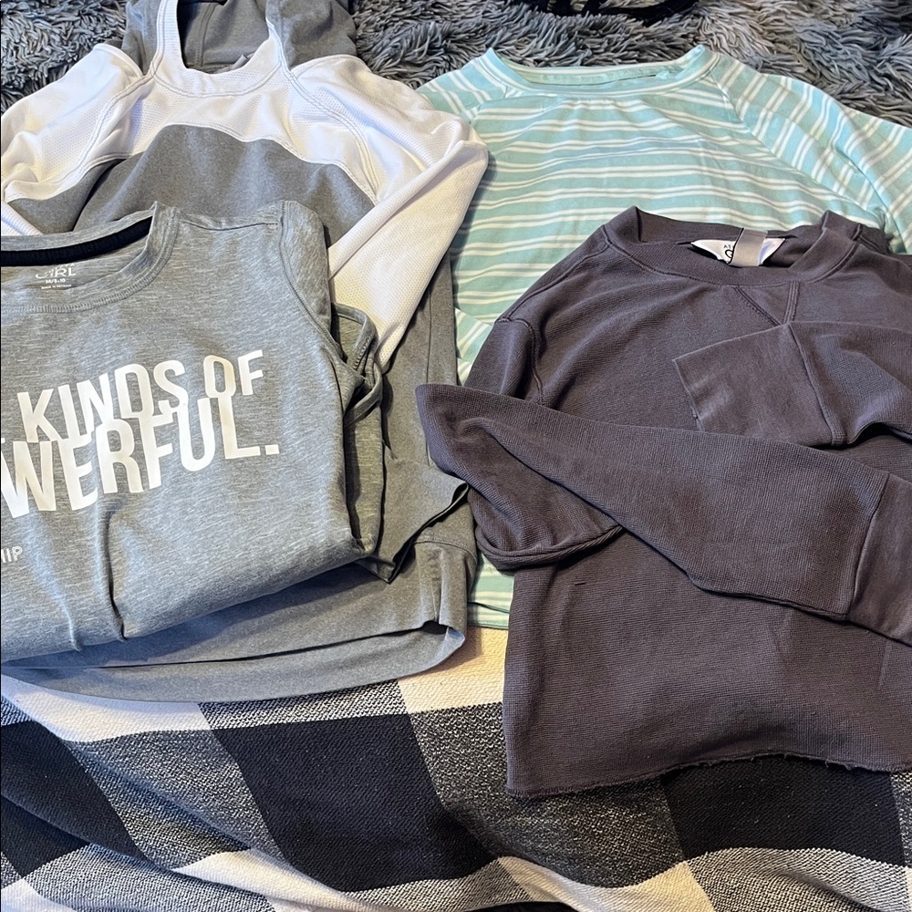 Athleta Girl Purple Waffle-Knit Crewneck, striped mint top, two others